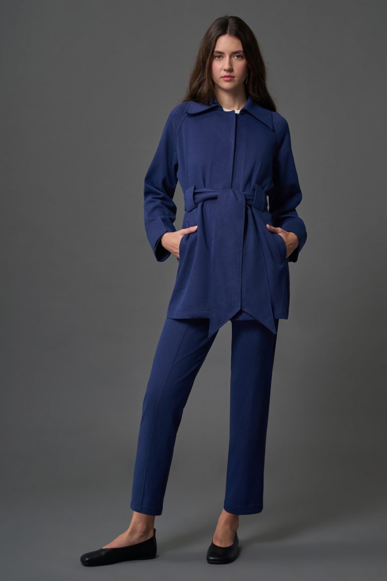 Mizalle Denim Dokulu Kuşaklı İndigo Mavi Ceket - Mizalle