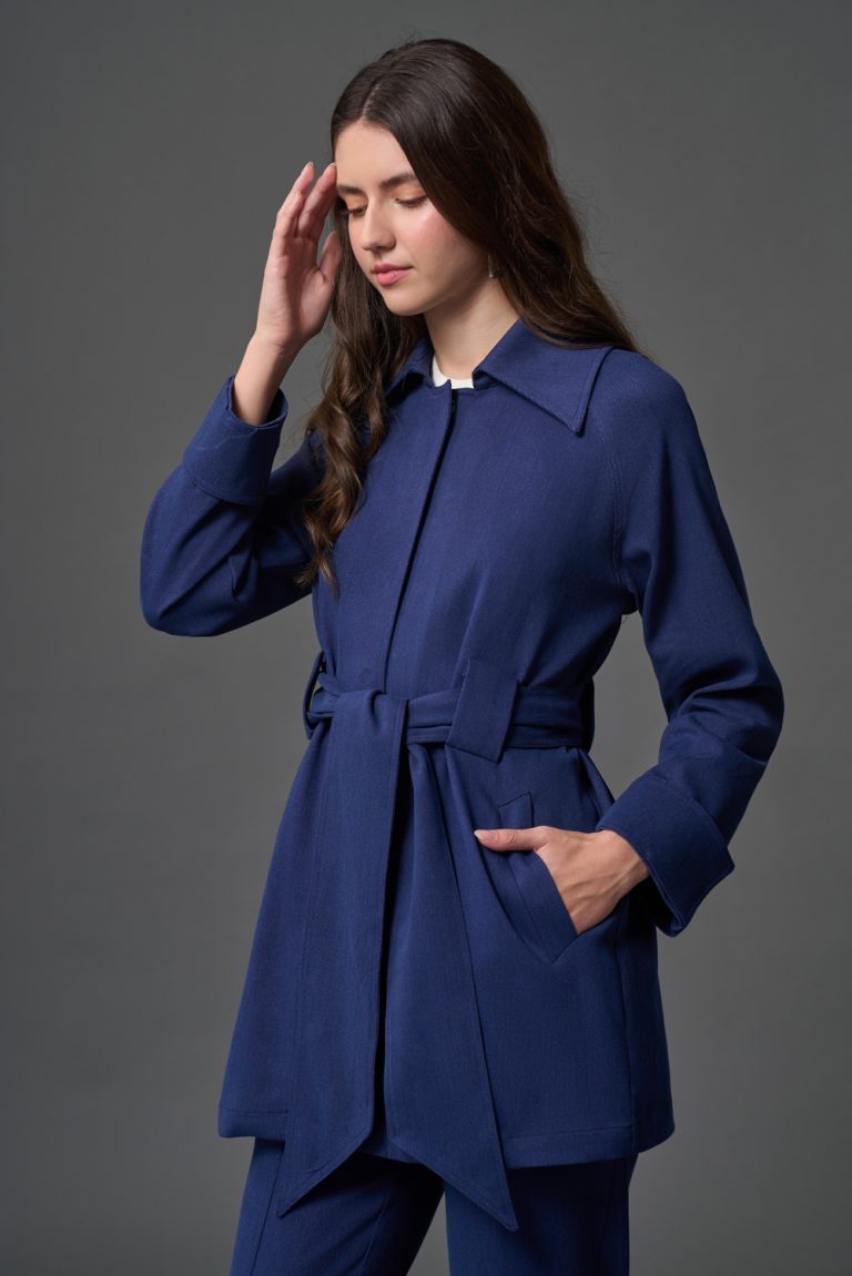 Mizalle Denim Dokulu Kuşaklı İndigo Mavi Ceket - Mizalle