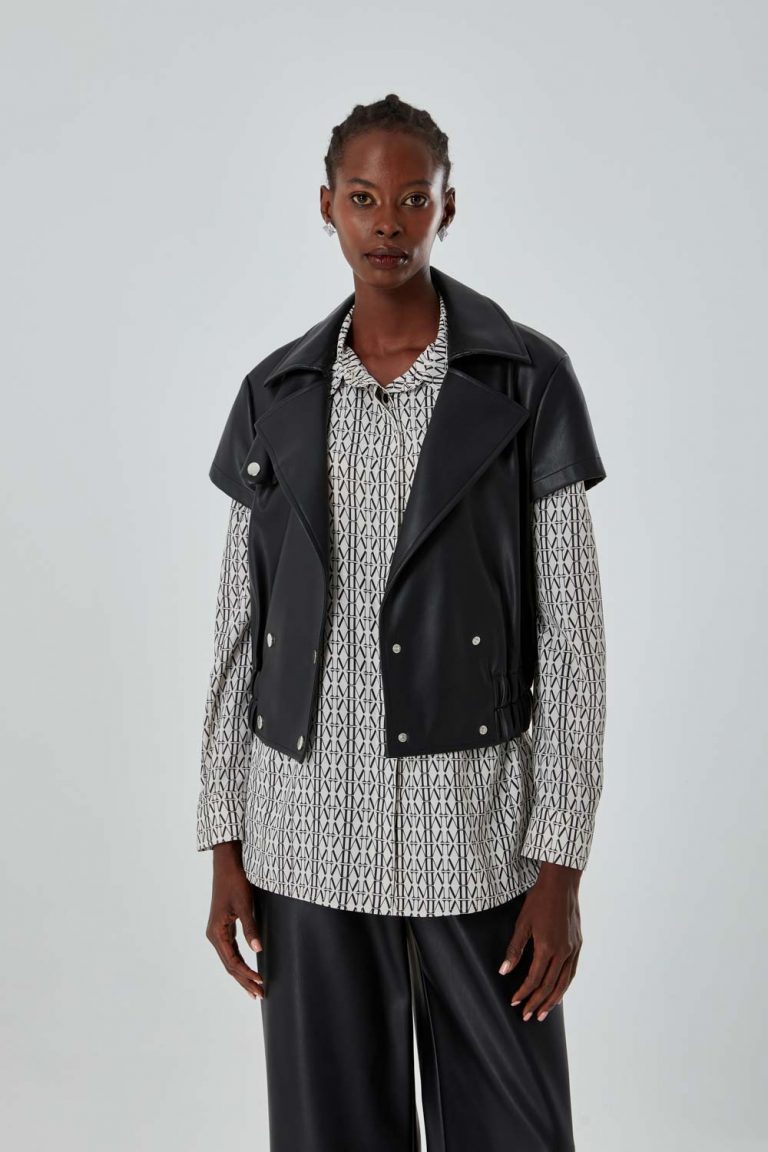 Mizalle Beli Lastikli Kısa Kollu Deri Modern Kesim Ceket - Mizalle