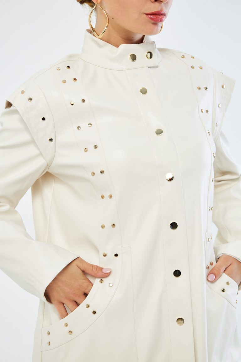 Mizalle Deri Görünümlü Troklu Ekru Tasarım Ceket - Mizalle