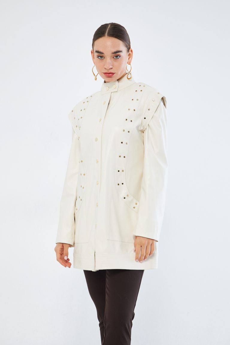 Mizalle Deri Görünümlü Troklu Ekru Tasarım Ceket - Mizalle