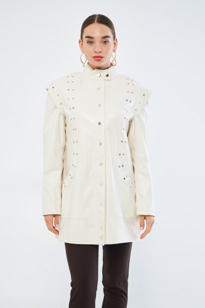 Mizalle Deri Görünümlü Troklu Ekru Tasarım Ceket - Mizalle