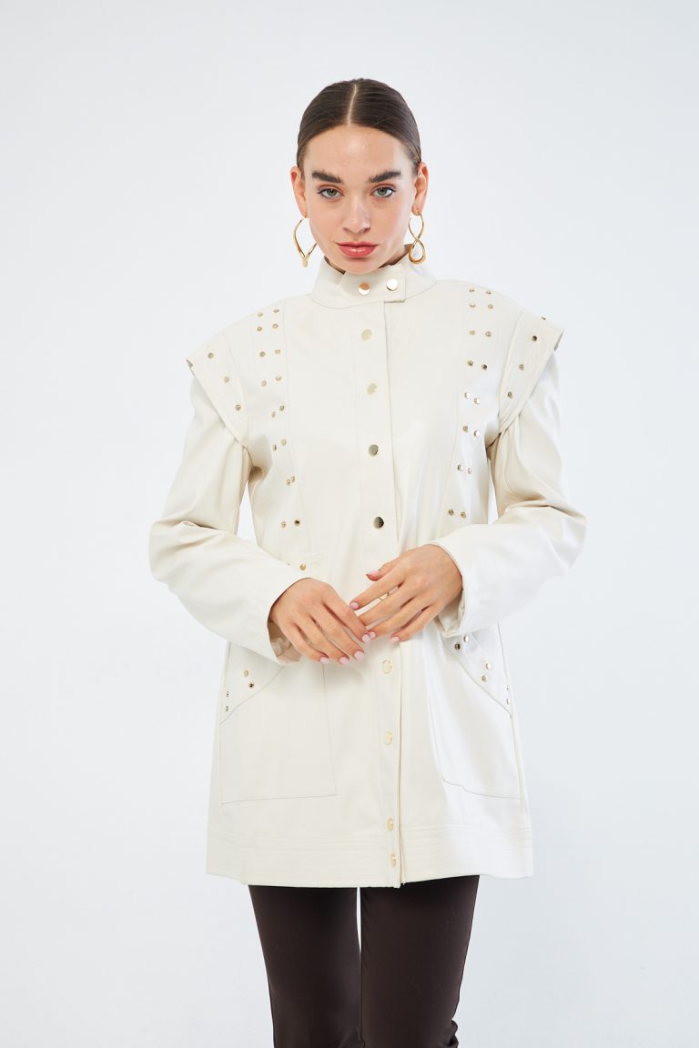 Mizalle Deri Görünümlü Troklu Ekru Tasarım Ceket - Mizalle