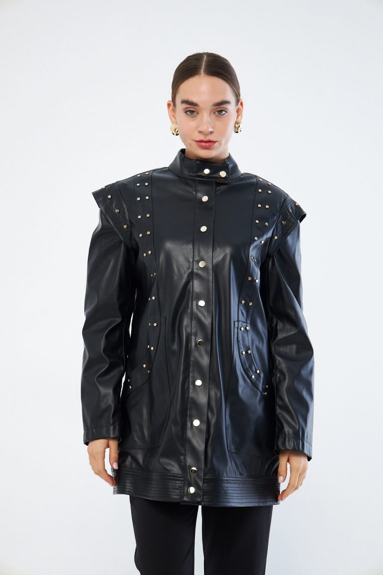 Mizalle Deri Görünümlü Troklu Siyah Tasarım Ceket - Mizalle