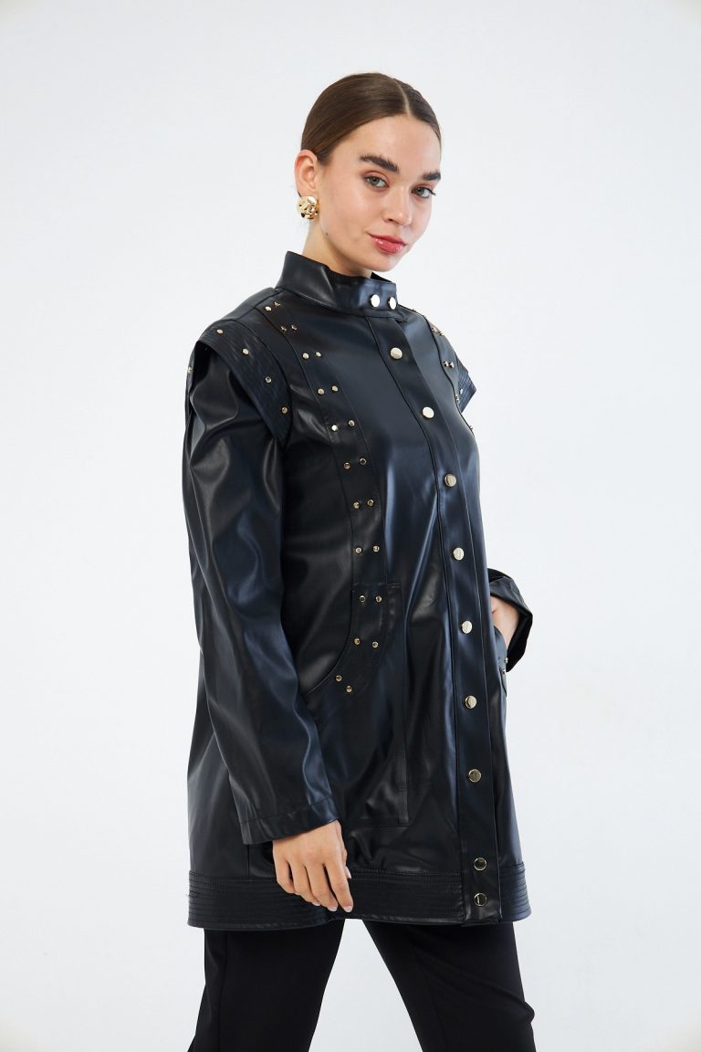 Mizalle Deri Görünümlü Troklu Siyah Tasarım Ceket - Mizalle