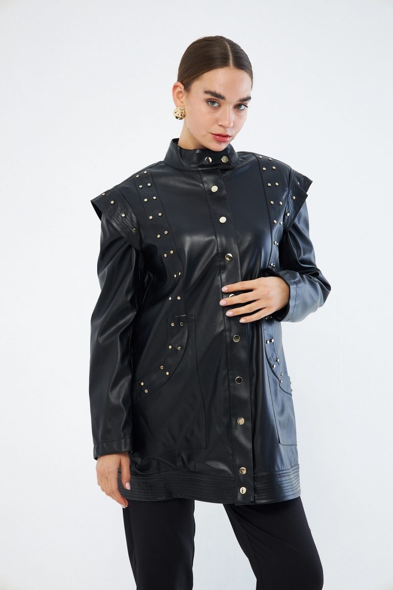 Mizalle Deri Görünümlü Troklu Siyah Tasarım Ceket - Mizalle