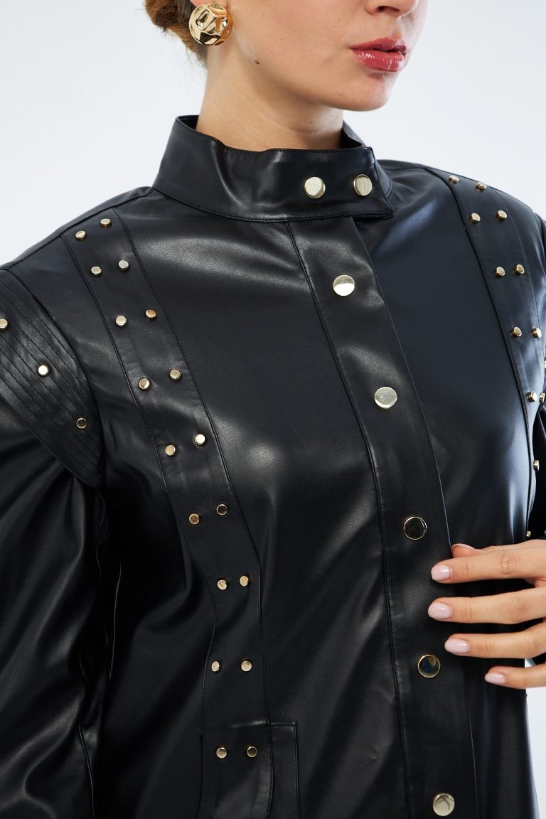 Mizalle Deri Görünümlü Troklu Siyah Tasarım Ceket - Mizalle