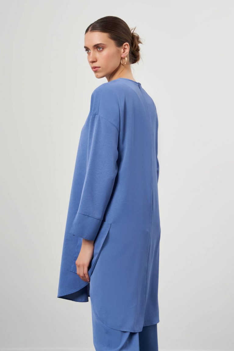 Mizalle Yuvarlak Yaka Cepli Rahat Kalıp İndigo Mavi Tunik - Mizalle