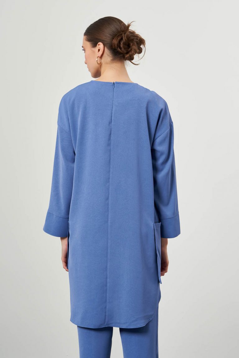 Mizalle Yuvarlak Yaka Cepli Rahat Kalıp İndigo Mavi Tunik - Mizalle