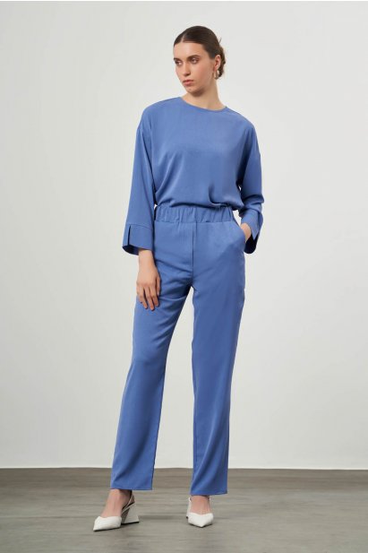 Mizalle Özel Dokulu Mavi Beli lastikli Pantolon - Mizalle