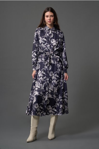 Mizalle Lacivert Desenli Gömlek Yaka Uzun Elbise - Mizalle