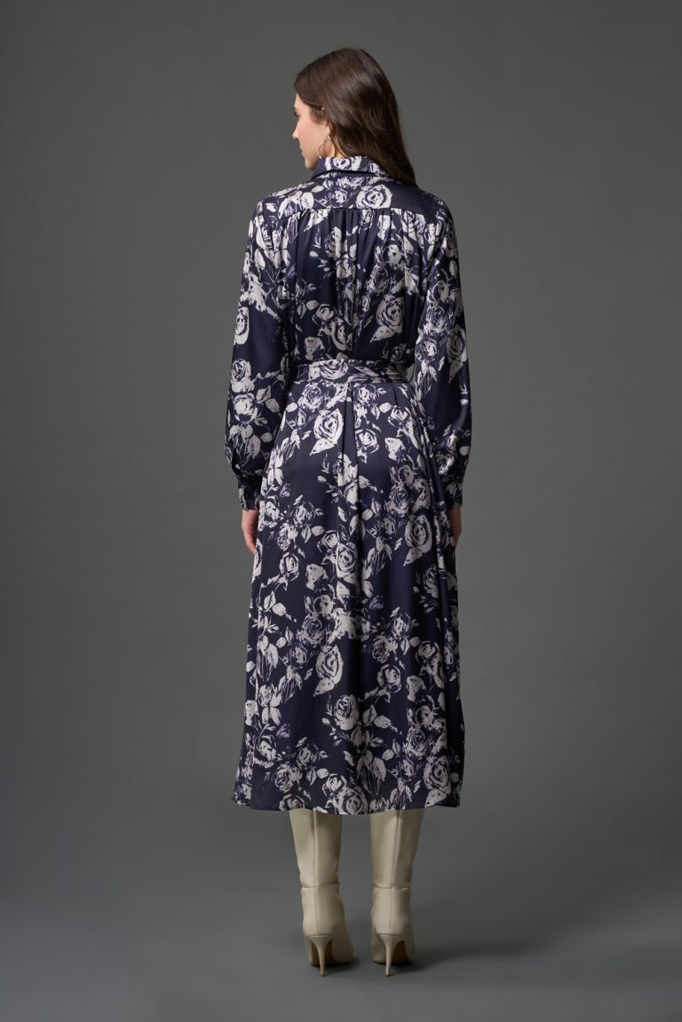 Mizalle Lacivert Desenli Gömlek Yaka Uzun Elbise - Mizalle