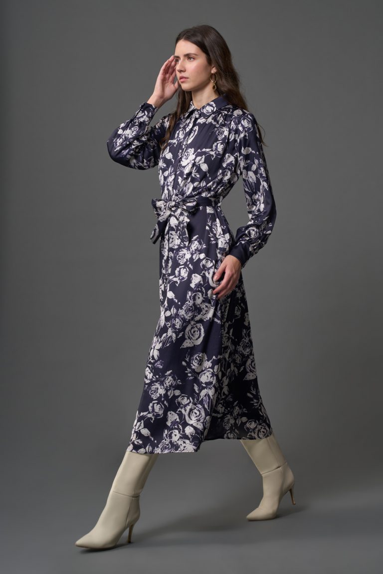 Mizalle Lacivert Desenli Gömlek Yaka Uzun Elbise - Mizalle