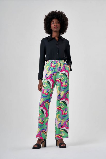 Mizalle Yeşil Desenli Rahat Kesim Bol Paça Pantolon - Mizalle