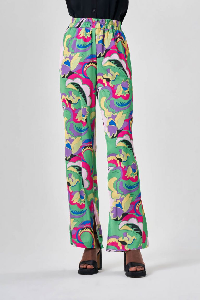 Mizalle Yeşil Desenli Rahat Kesim Bol Paça Pantolon - Mizalle