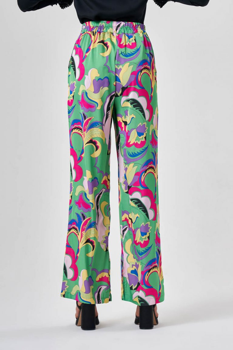 Mizalle Yeşil Desenli Rahat Kesim Bol Paça Pantolon - Mizalle