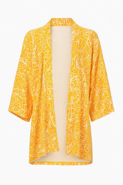 Mizalle Sarı Beyaz Desenli Kısa Dokuma Kimono - Mizalle