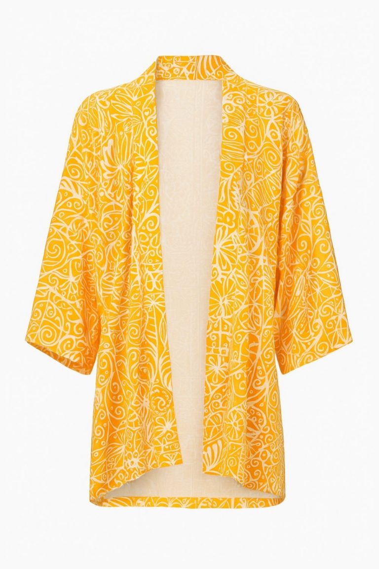 Mizalle Sarı Beyaz Desenli Kısa Dokuma Kimono - Mizalle