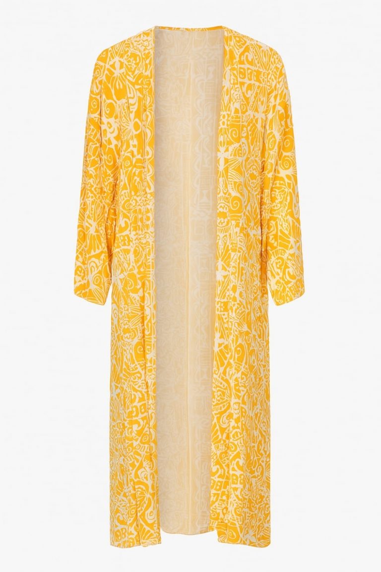 Mizalle Sarı Beyaz Desenli Uzun Kimono - Mizalle