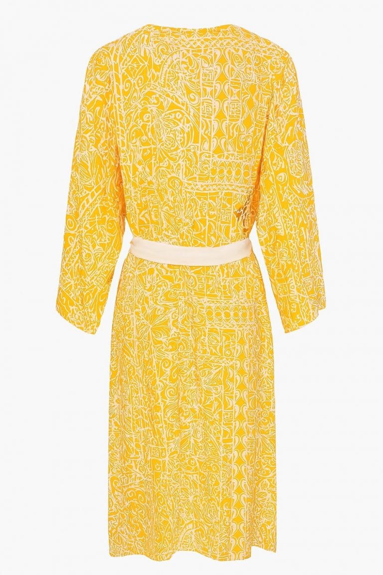 Mizalle Sarı Beyaz Desenli Uzun Kimono - Mizalle