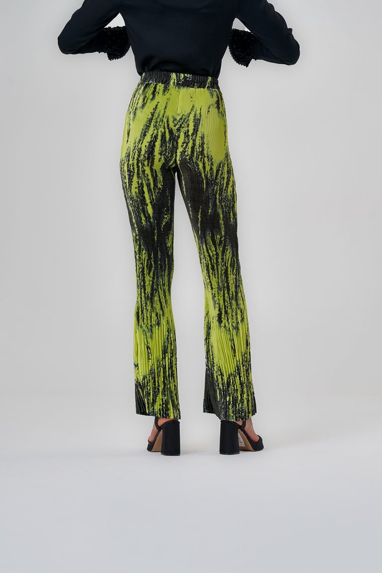 Mizalle Yeşil Siyah Desenli İnce Pliseli Pantolon - Mizalle