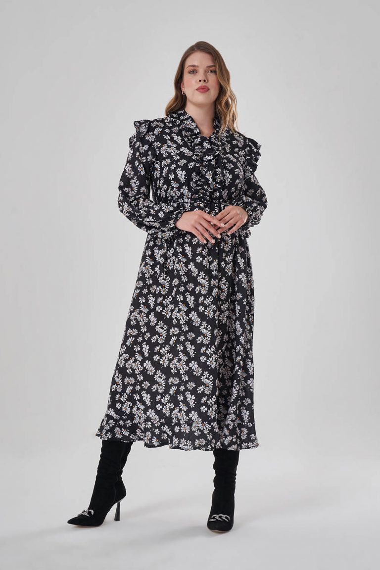 Mizalle Siyah Çiçek Desenli Uzun Büyük Beden Elbise - Mizalle