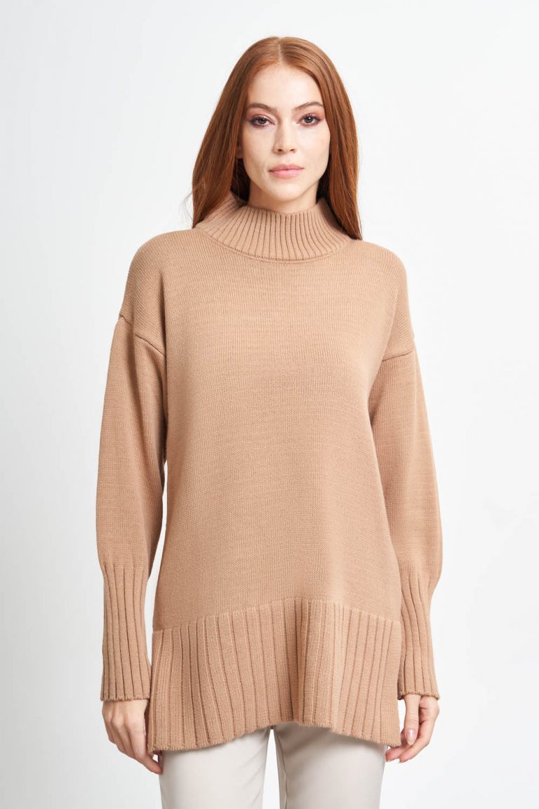 Mizalle Dik Yaka Oversize Camel Uzun Triko Kazak - Mizalle