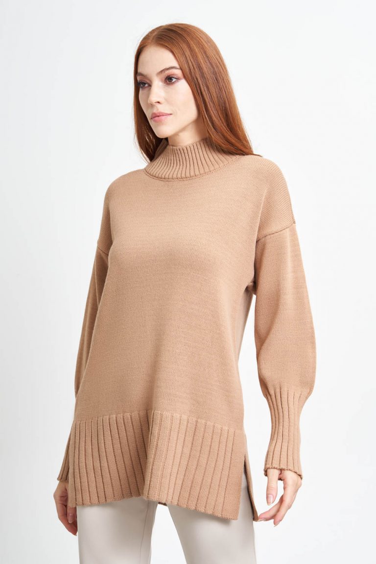 Mizalle Dik Yaka Oversize Camel Uzun Triko Kazak - Mizalle