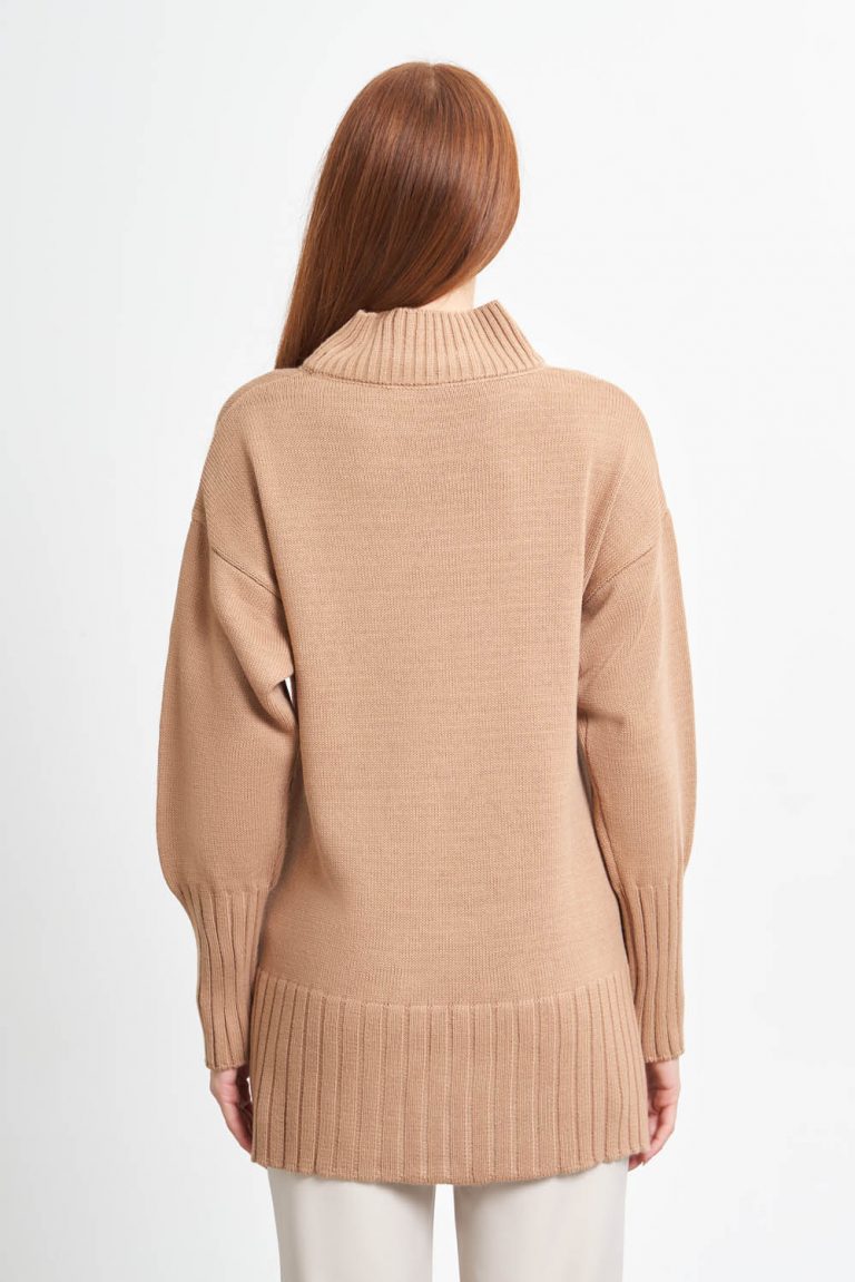 Mizalle Dik Yaka Oversize Camel Uzun Triko Kazak - Mizalle
