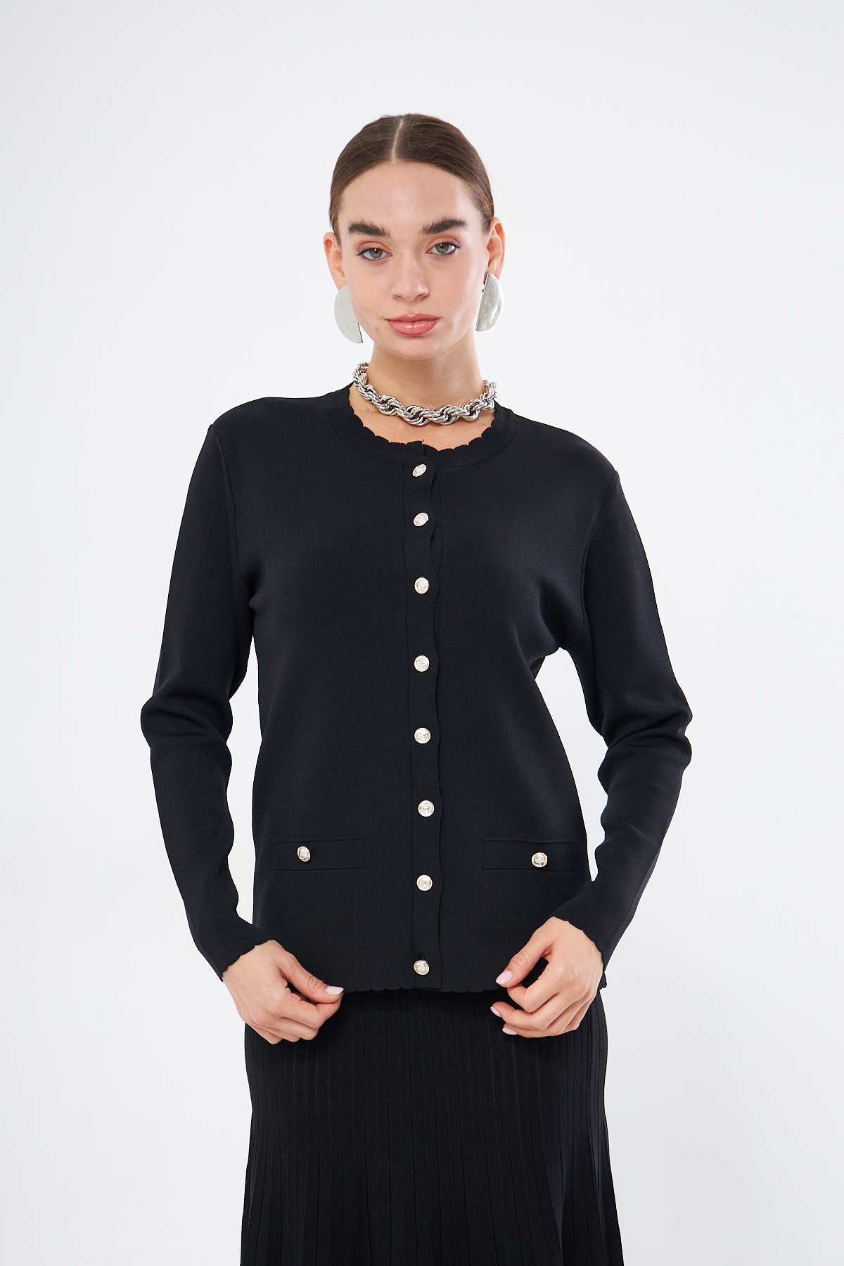 Mizalle Dilim Yakalı Rayon Siyah Hırka