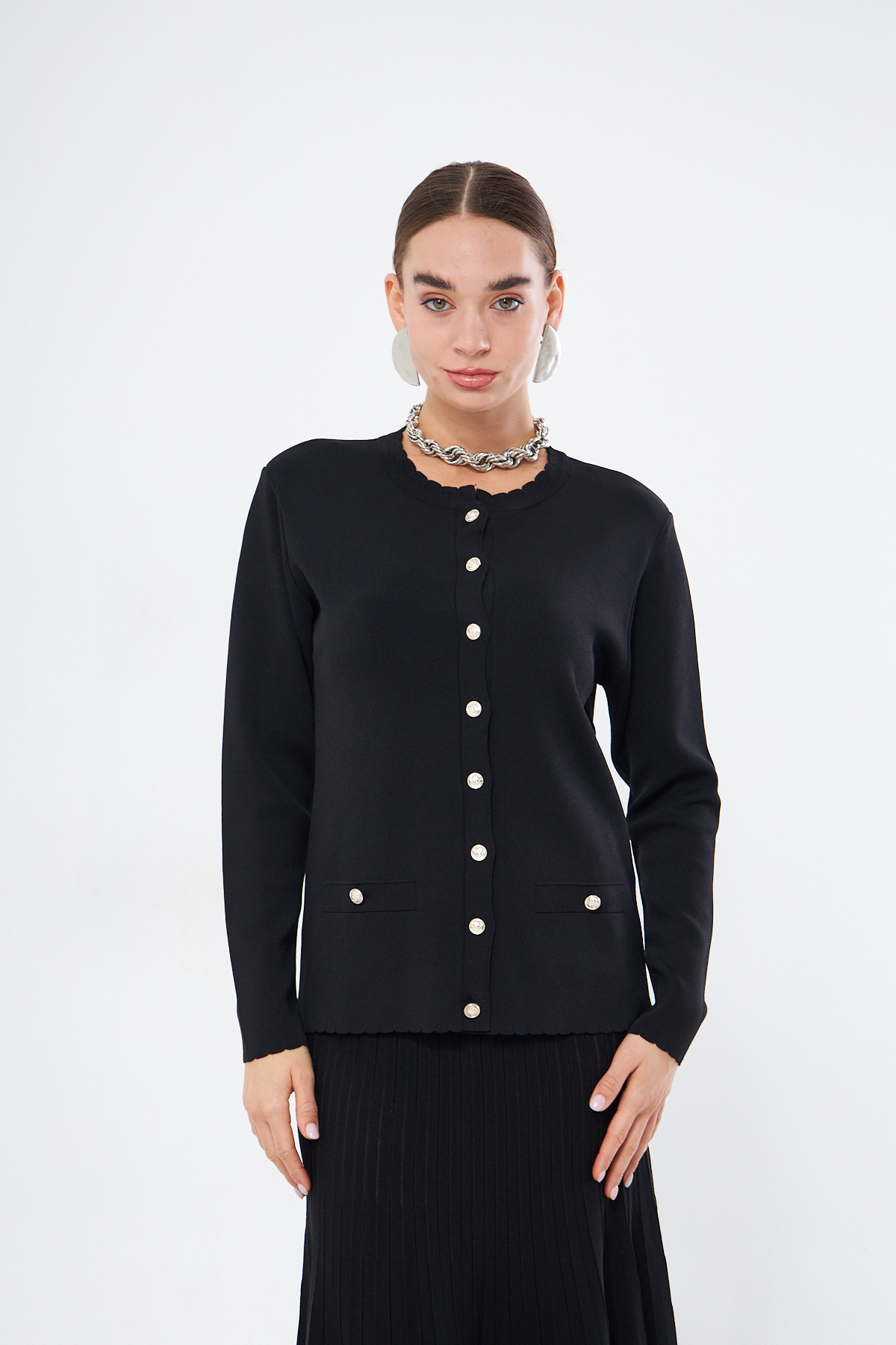 Mizalle Dilim Yakalı Rayon Siyah Hırka