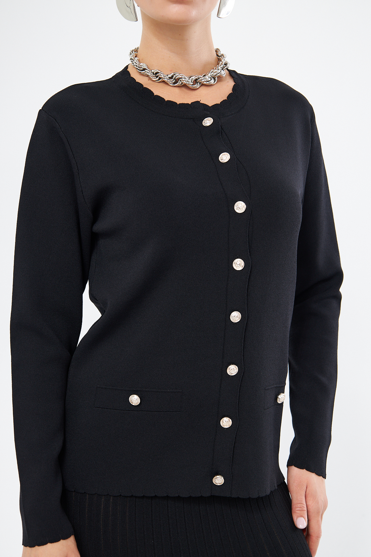 Mizalle Dilim Yakalı Rayon Siyah Hırka