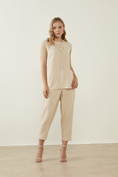 Mizalle Klasik Double Kısa Paça İnce Bej Rengi Pantolon - Mizalle