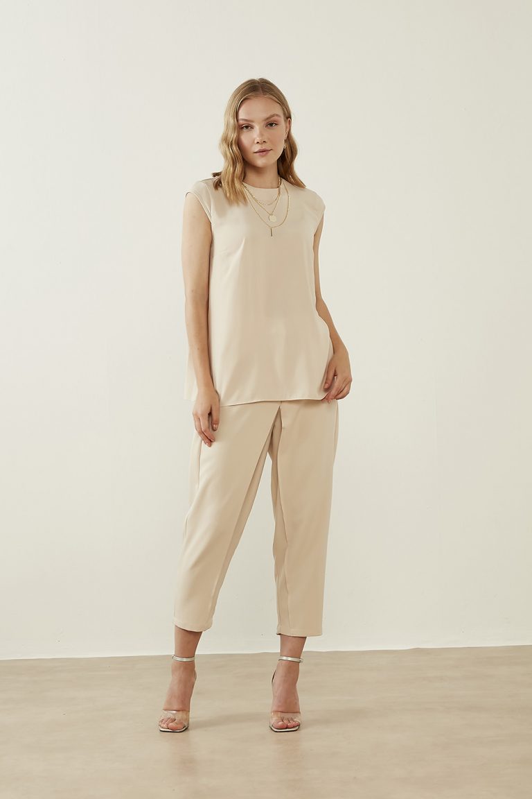 Mizalle Klasik Double Kısa Paça İnce Bej Rengi Pantolon - Mizalle