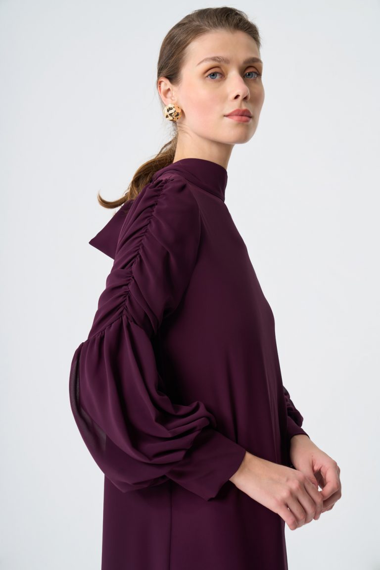 Mizalle Kolları Drapeli Etek Ucu Volanlı Mürdüm Maksi Şifon Elbise - Mizalle