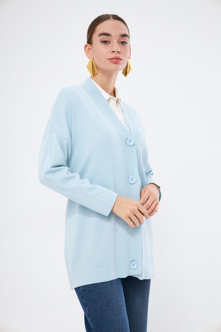 Mizalle V Yaka Açık Mavi Uzun Basic Hırka - Mizalle