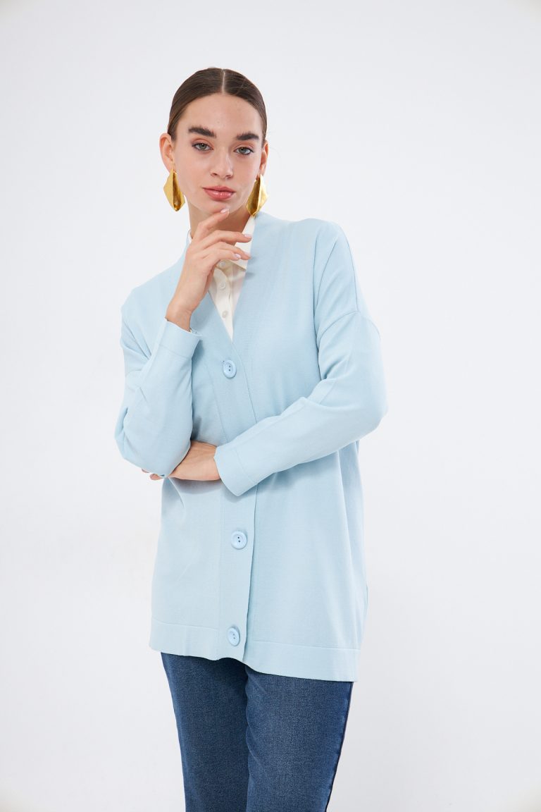 Mizalle V Yaka Açık Mavi Uzun Basic Hırka - Mizalle