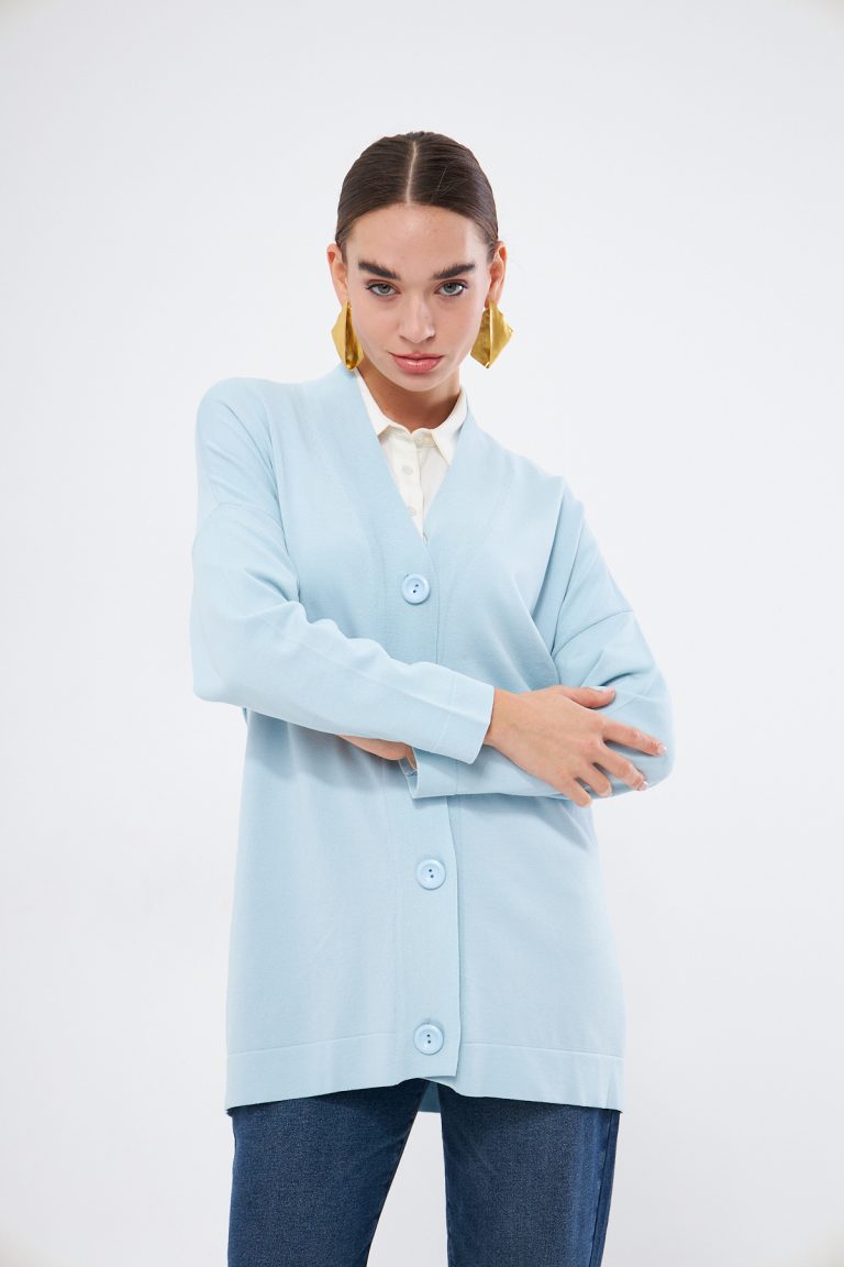 Mizalle V Yaka Açık Mavi Uzun Basic Hırka - Mizalle