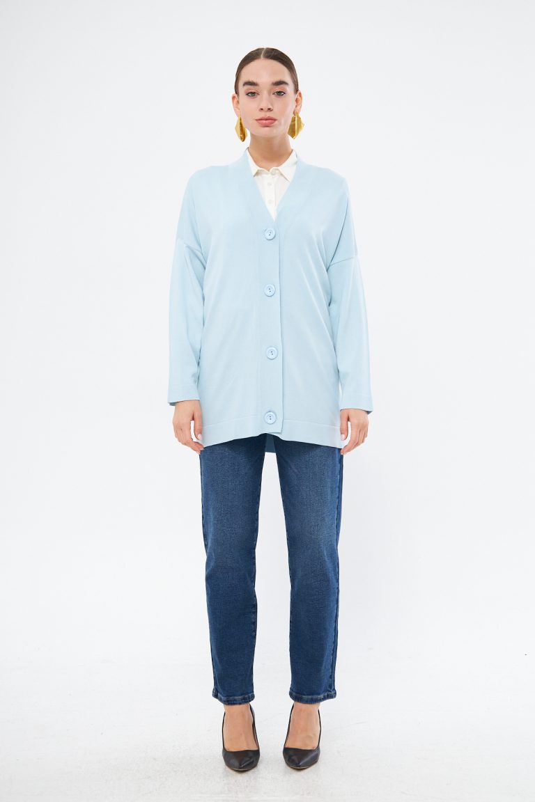 Mizalle V Yaka Açık Mavi Uzun Basic Hırka - Mizalle