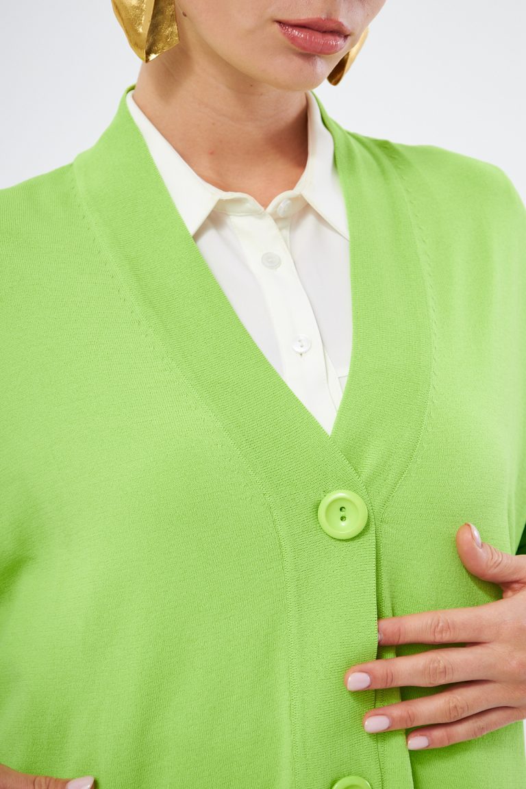 Mizalle V Yaka Fıstık Yeşili Uzun Basic Hırka - Mizalle