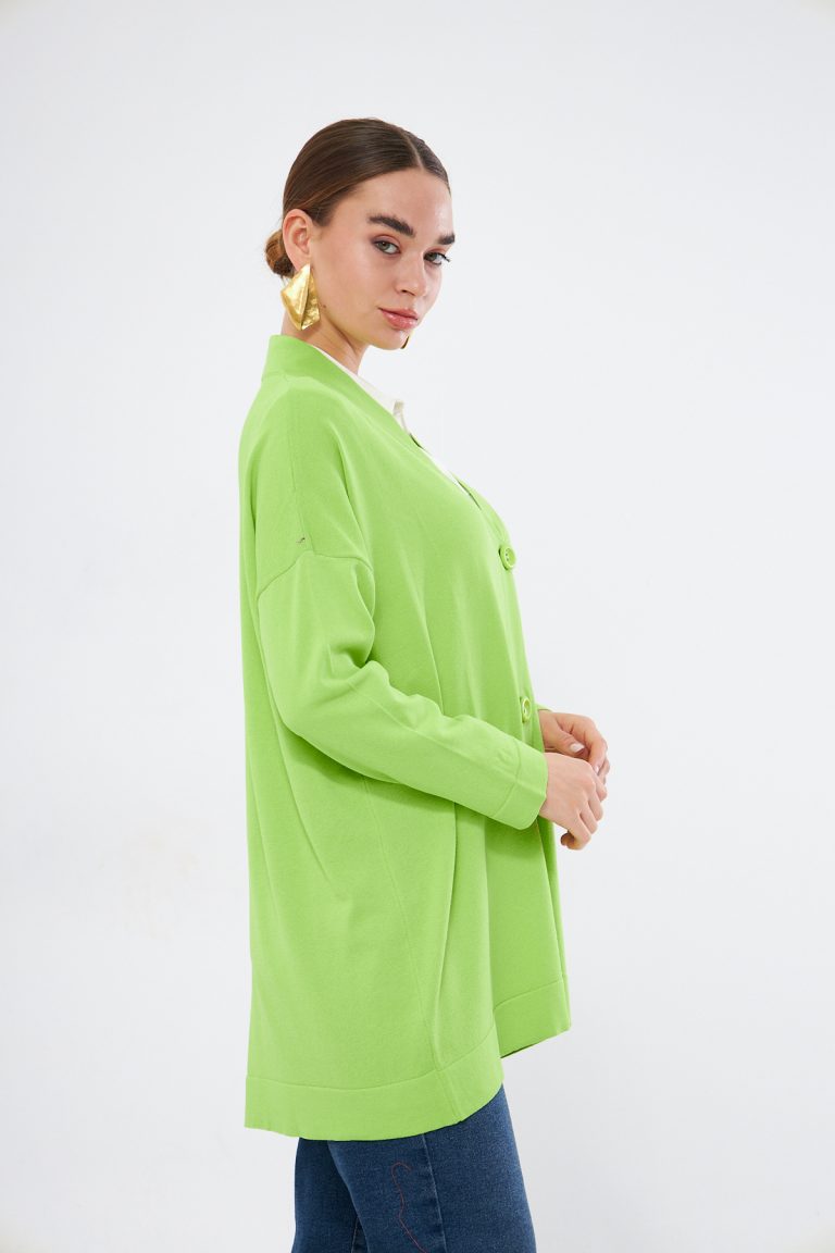 Mizalle V Yaka Fıstık Yeşili Uzun Basic Hırka - Mizalle