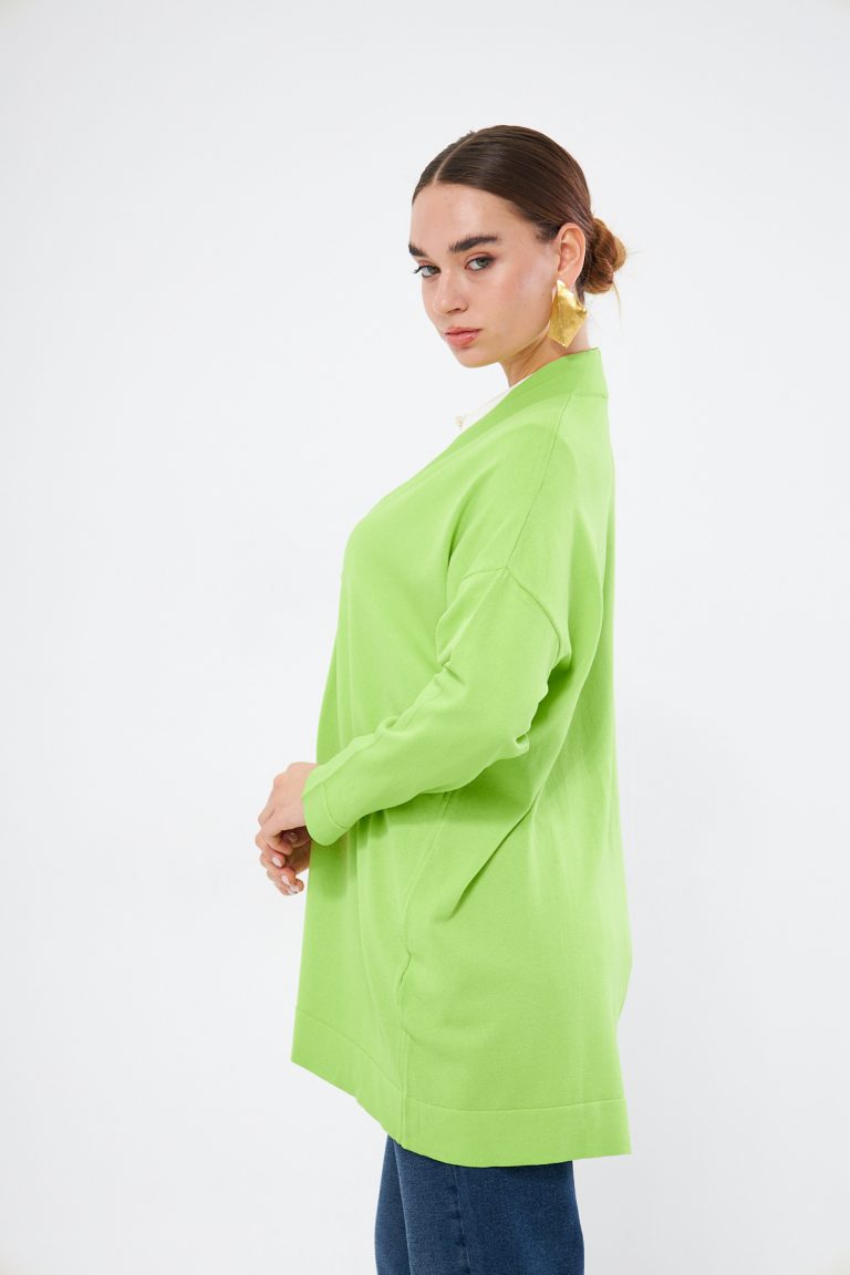 Mizalle V Yaka Fıstık Yeşili Uzun Basic Hırka - Mizalle