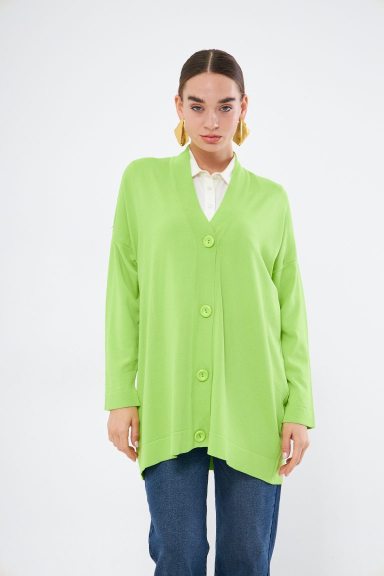 Mizalle V Yaka Fıstık Yeşili Uzun Basic Hırka - Mizalle