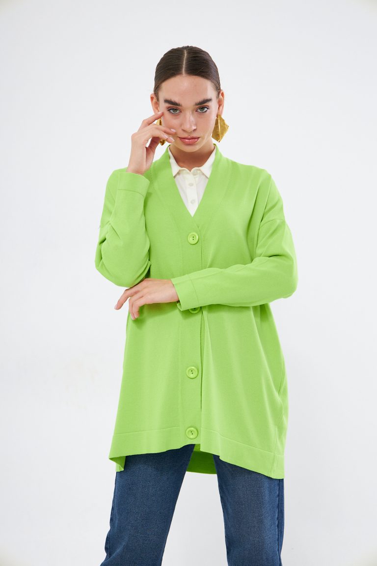 Mizalle V Yaka Fıstık Yeşili Uzun Basic Hırka - Mizalle