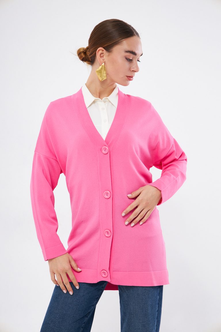 Mizalle V Yaka Fuşya Uzun Basic Hırka - Mizalle