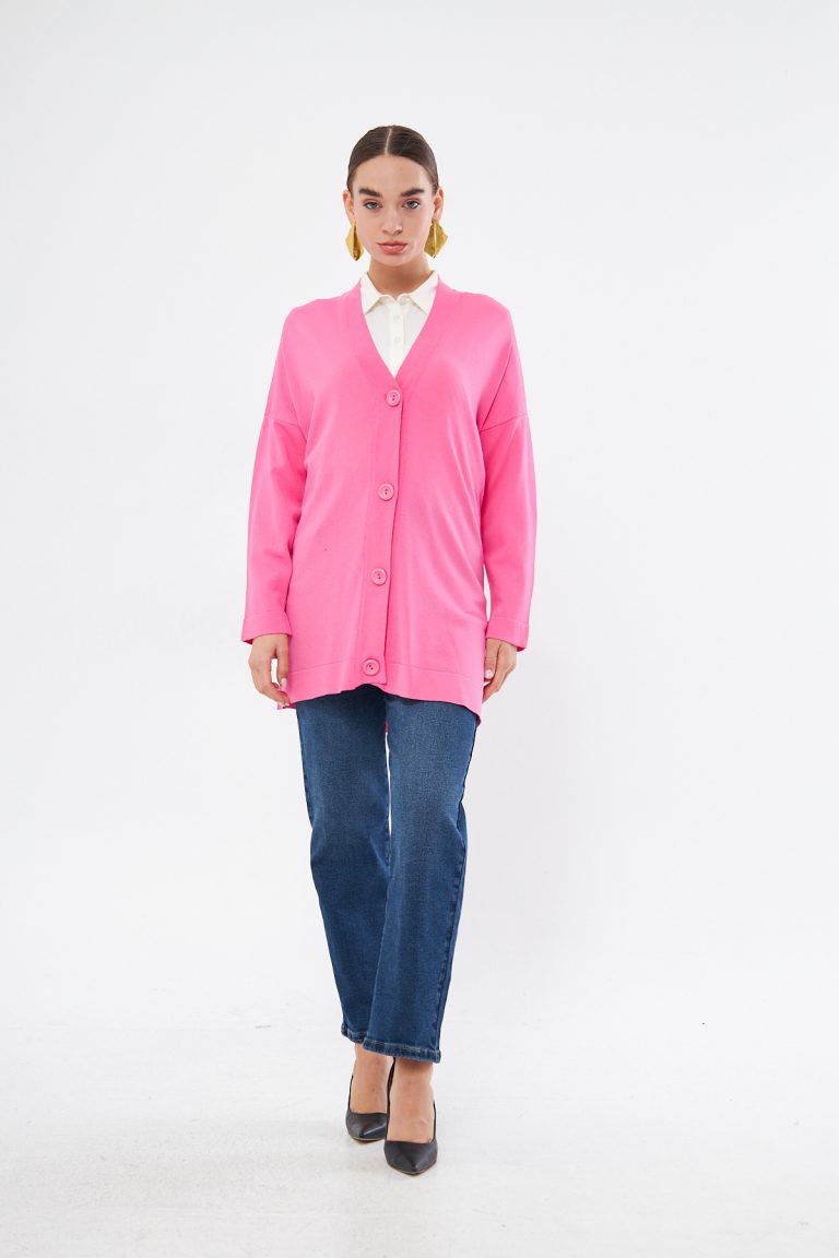 Mizalle V Yaka Fuşya Uzun Basic Hırka - Mizalle