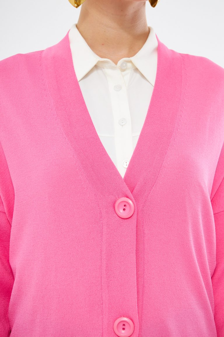 Mizalle V Yaka Fuşya Uzun Basic Hırka - Mizalle