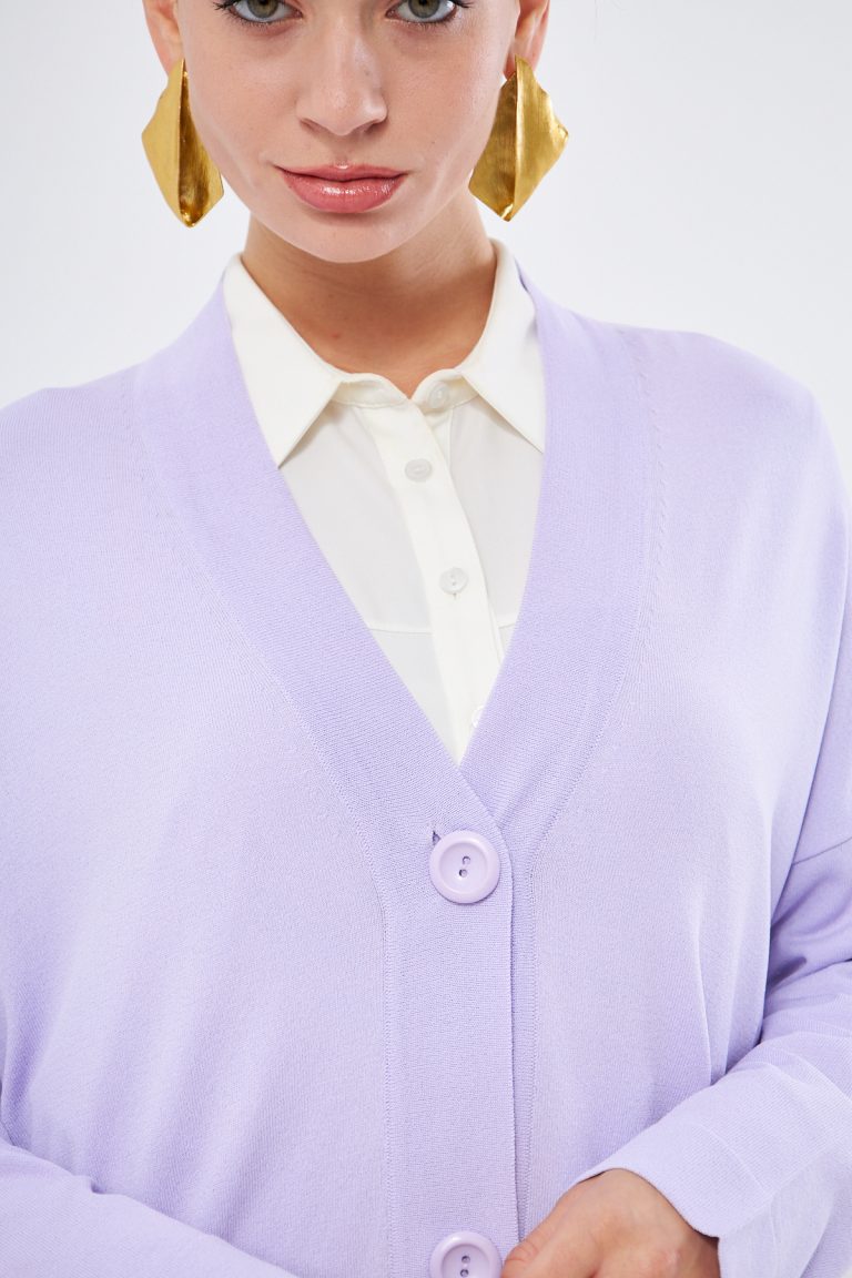 Mizalle V Yaka Lila Uzun Basic Hırka - Mizalle