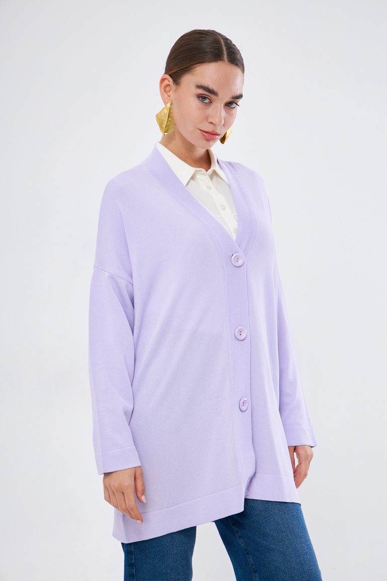 Mizalle V Yaka Lila Uzun Basic Hırka - Mizalle