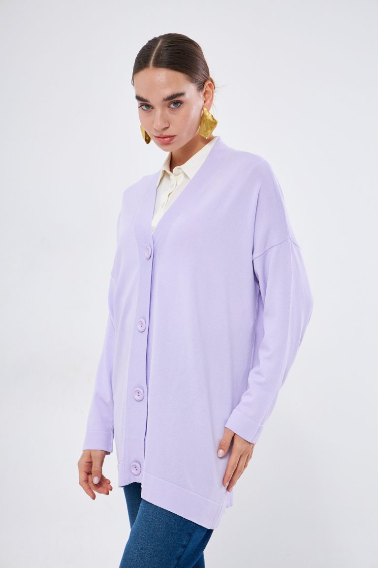 Mizalle V Yaka Lila Uzun Basic Hırka - Mizalle